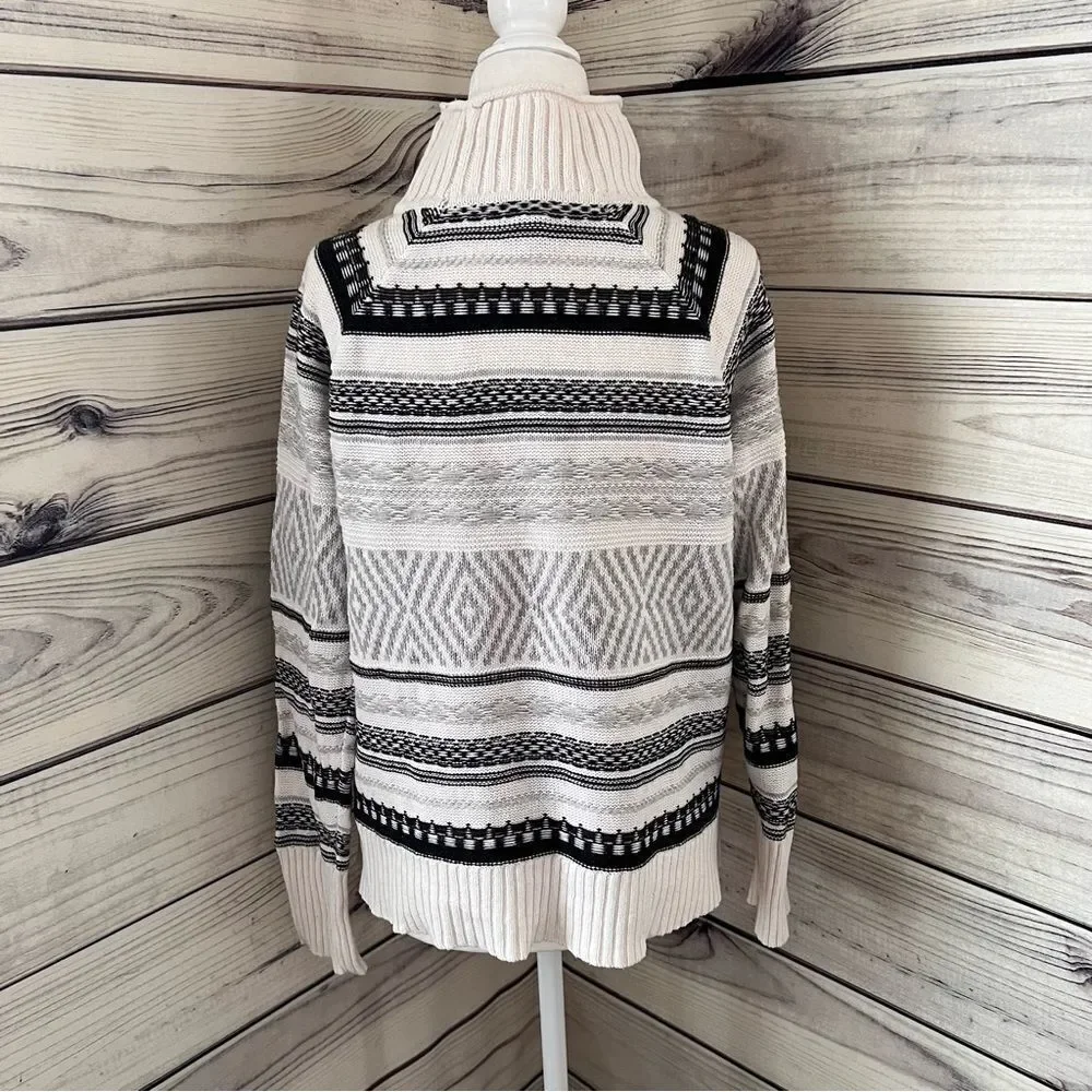 Chaps Ivory & Grey Striped Fair Isle Mock Turtleneck Sweater